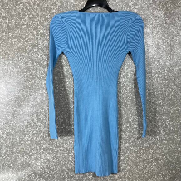 Bar III Women's Blue Ribbed Square Neck Bodycon Dress - Size Small - Long Sleeve - Picture 7 of 7